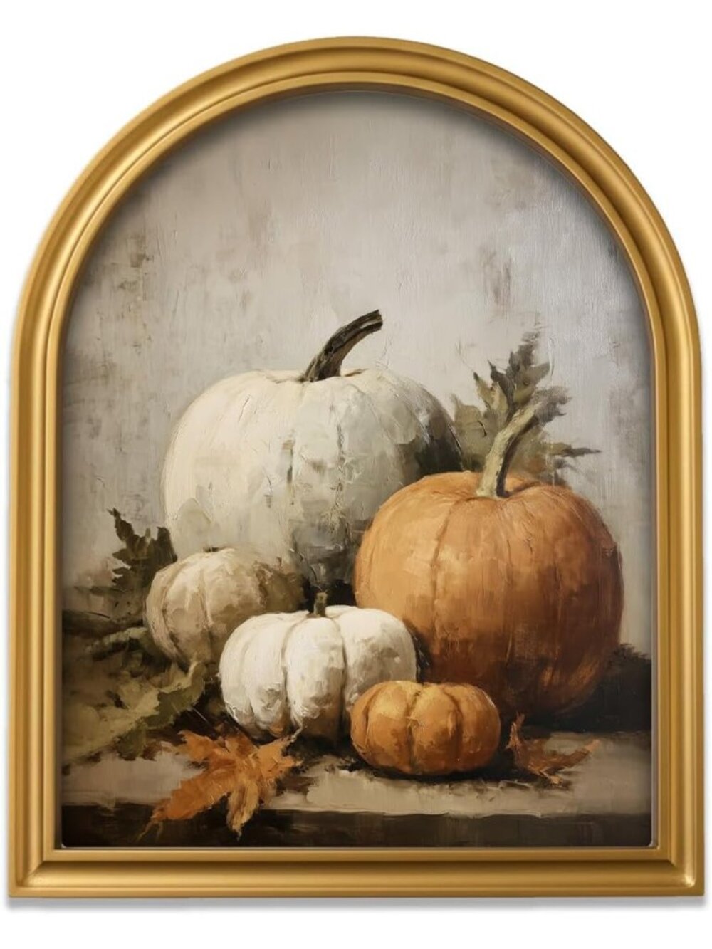 Vintage Fall Pumpkin Wall Art - Gold Arched Frame, 11" x 13.8" Home Decor